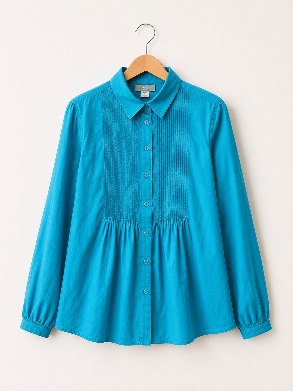 The Territory Ahead NWT Silk Cotton Pintuck Button Front Blouse Turquoise M